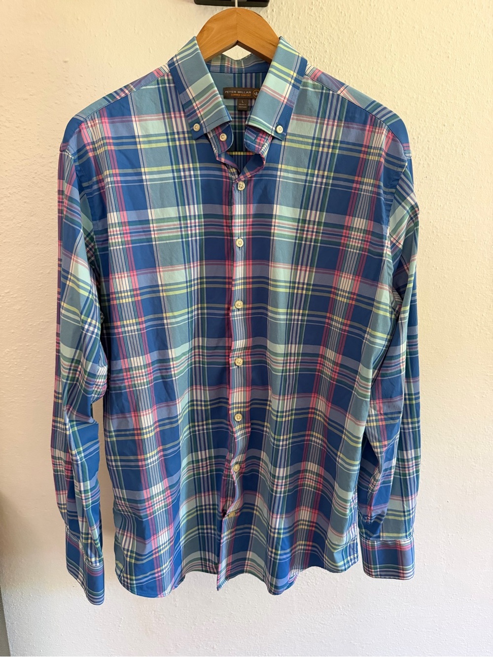 Peter Millar Summer Comfort Mens Large Blue Plaid Button Down Shirt L